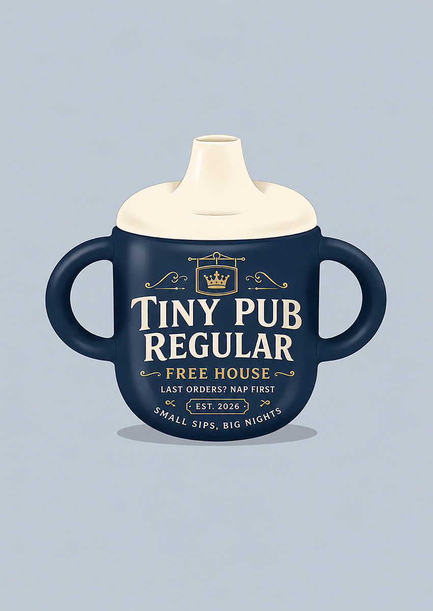 Playful illustration of a navy blue baby bottle designed like a pub sign with crown and text